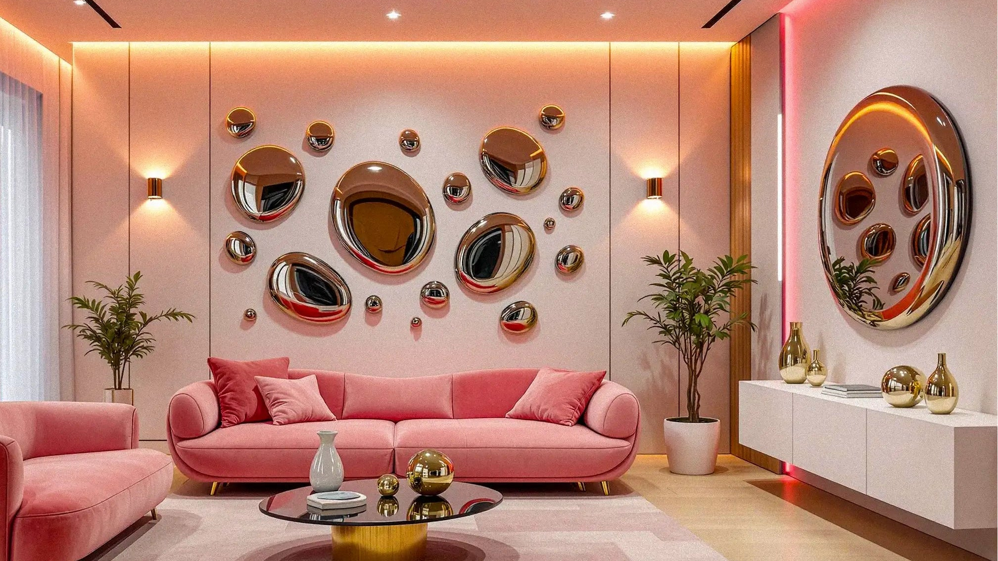 Modern living room with pink sofa, decorative wall art, and stylish decor.